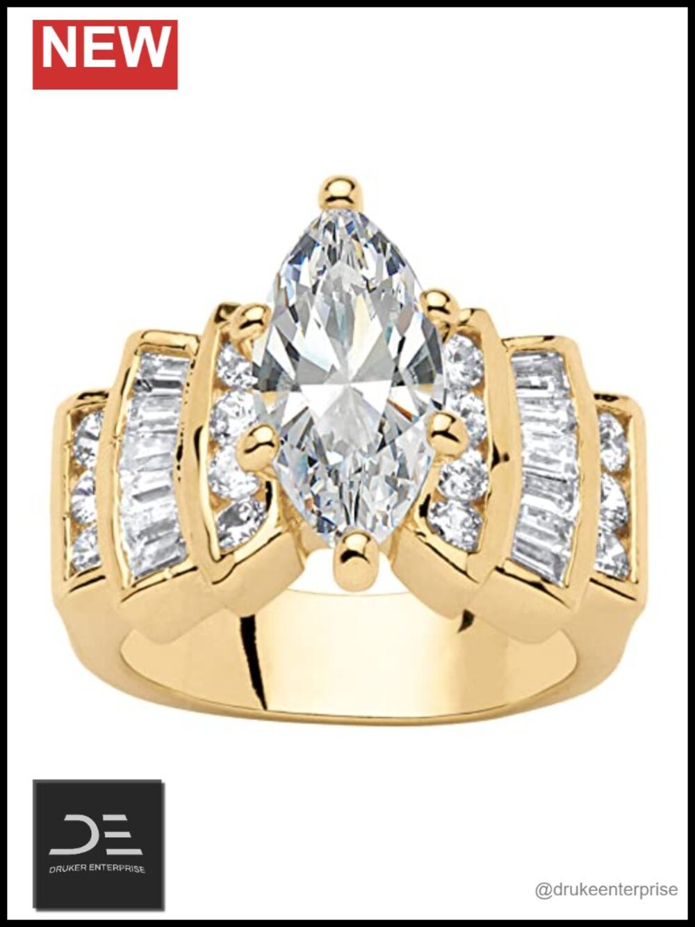 14K Yellow Gold Plated Marquise Cut CZ Step Top Engagement Ring